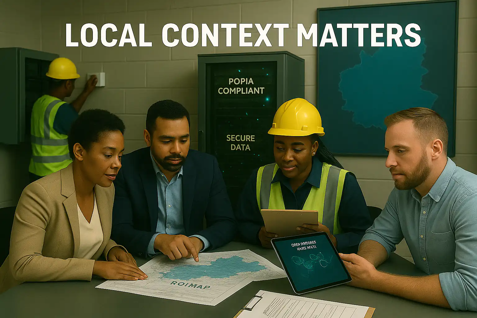 Local context matters: on-site discovery and compliance audit in Gauteng with engineers and operations staff reviewing ROI maps and a data-pipeline diagram; POPIA-compliant server cabinet and Gauteng wall map with pins at Sandton, Germiston, Roodepoort, Boksburg; IoT sensor inspection in-frame.